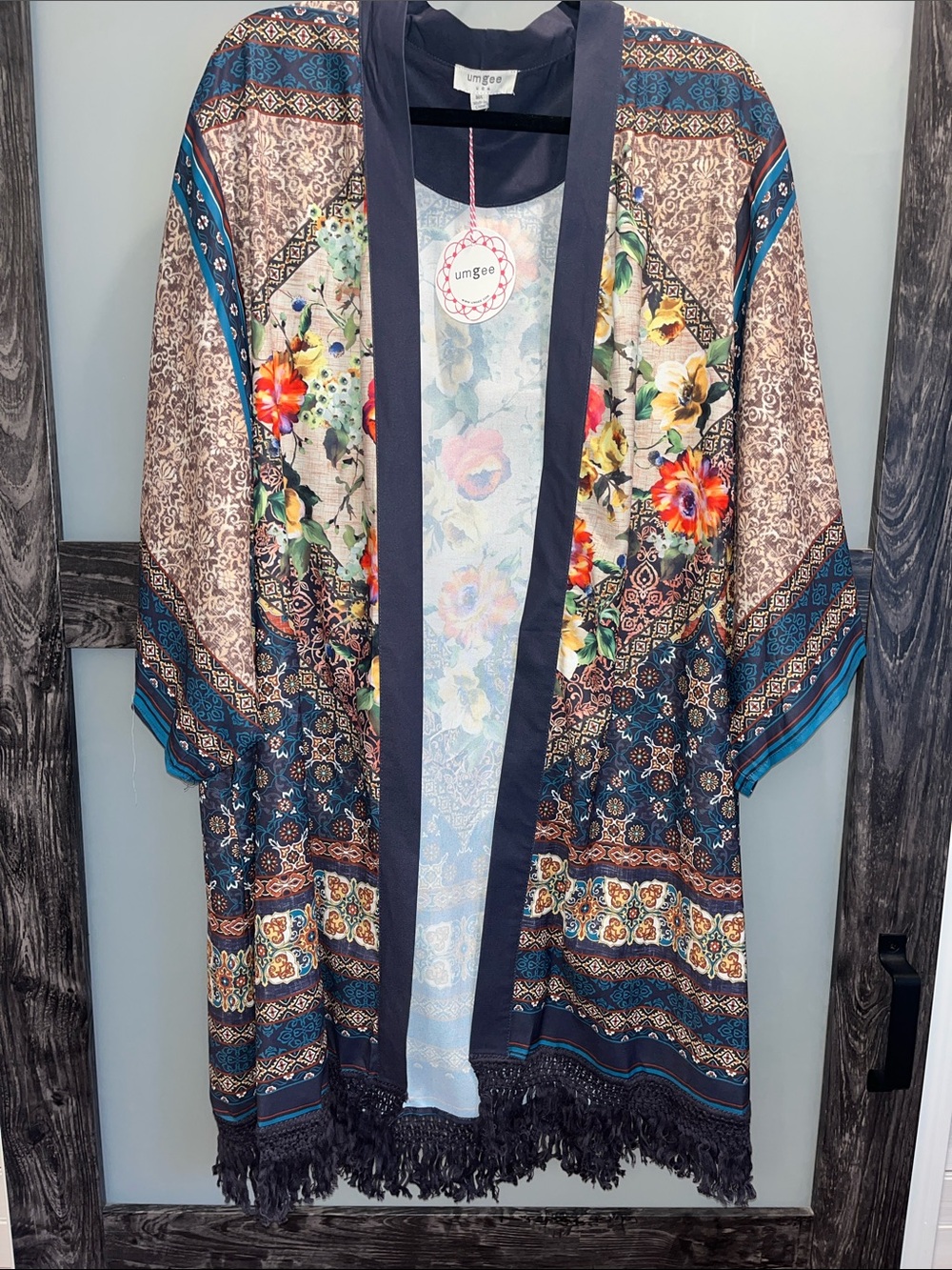 Umgee Navy, Brown & Teal Floral Geo Fringe Kimono